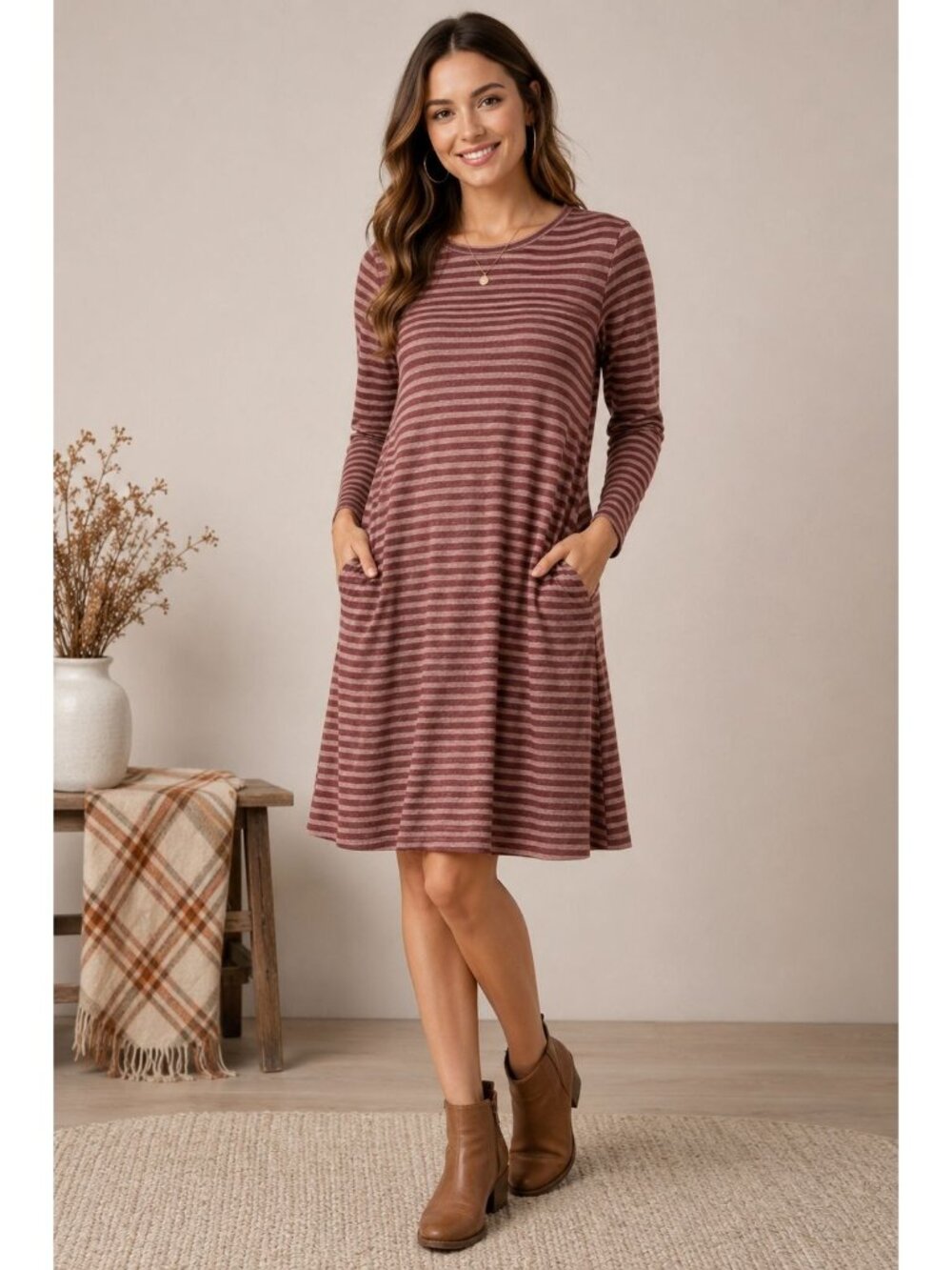 NWT Simply Noelle Rust Striped Dress With Pockets Women's L/XL Tall Cottagecore